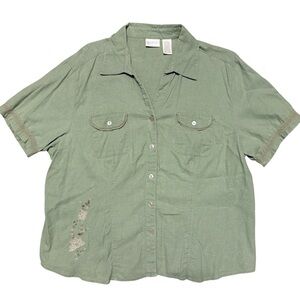 VTG ERIKA Button Up Top Womens XL Green Linen Blend Embroidered Grandmacore